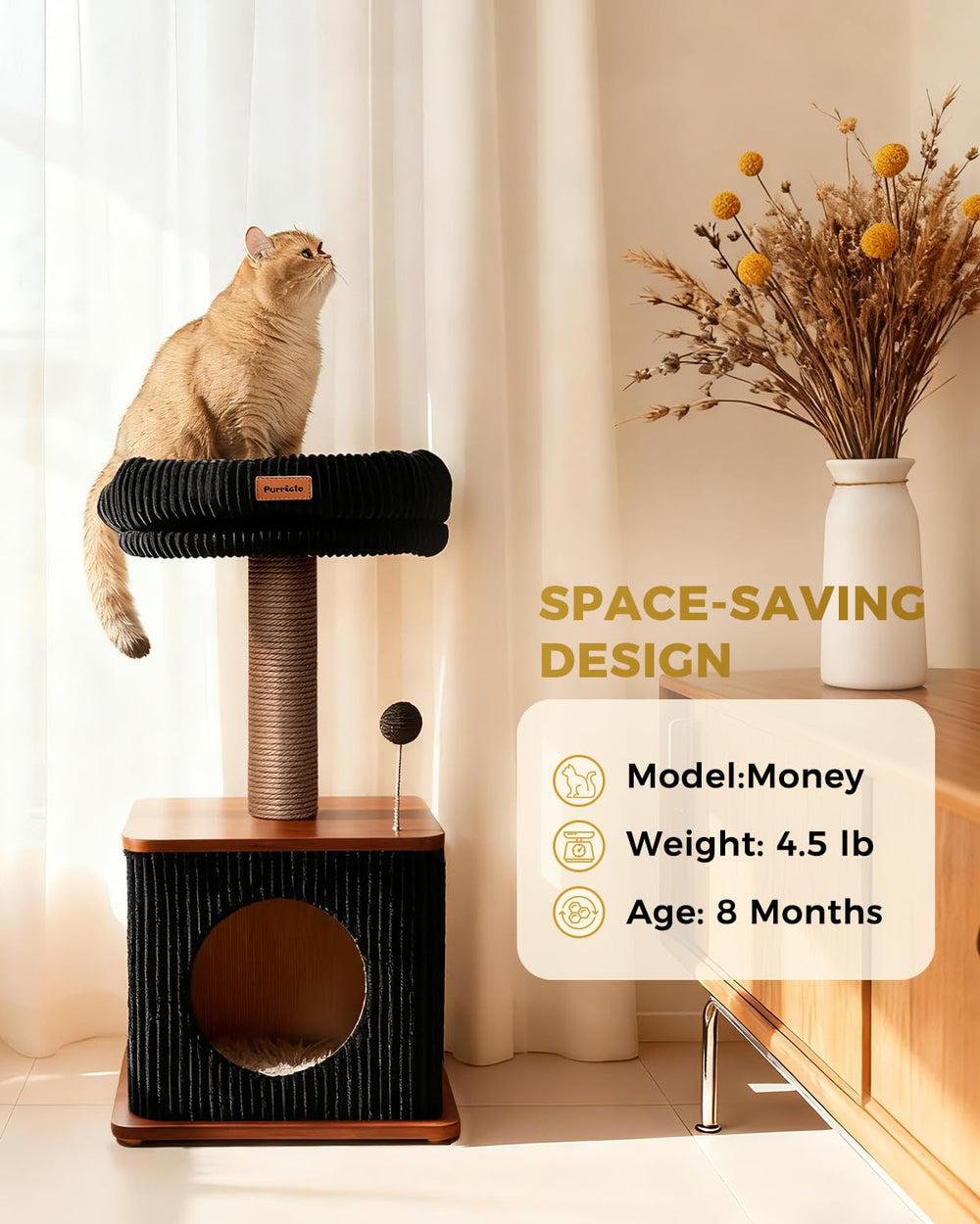 Purrlato compact design cat tree fits tight spaces while encouraging vertical climbing.