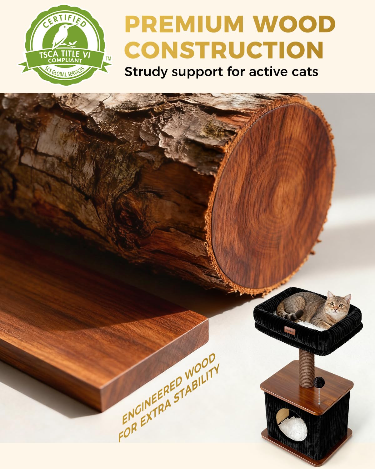 Purrlato cozy condo on cat tree gives private retreat and nap space.
