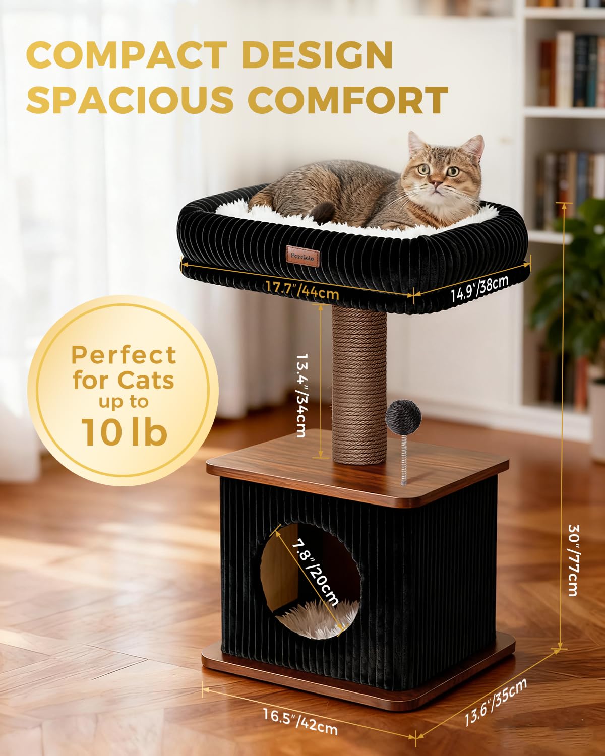 Purrlato sisal posts on cat tree promote scratching and furniture protection.