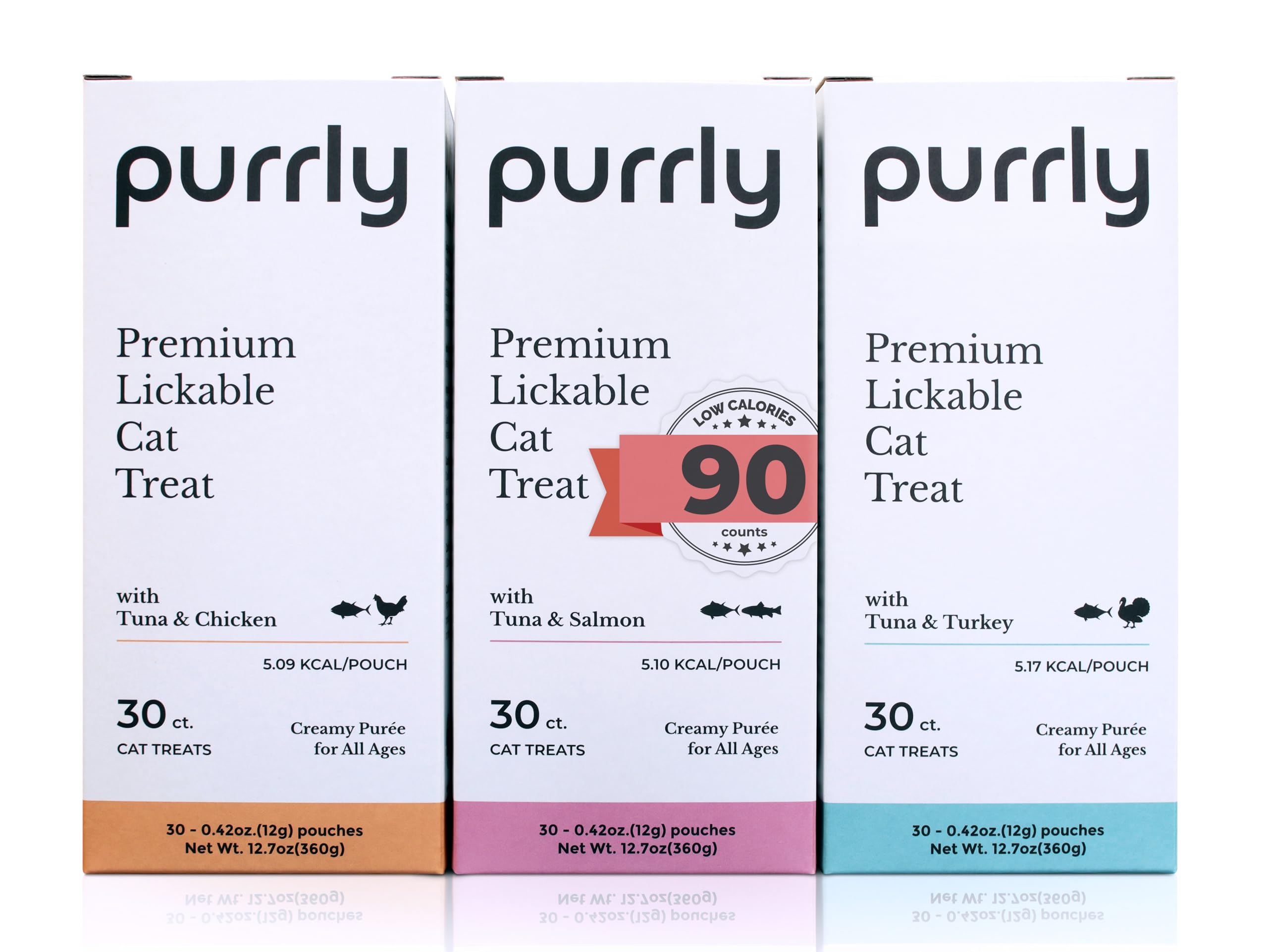 Purrly Healthy Premium Tuna Variety Bundle packaging shows premium protein snack for cats