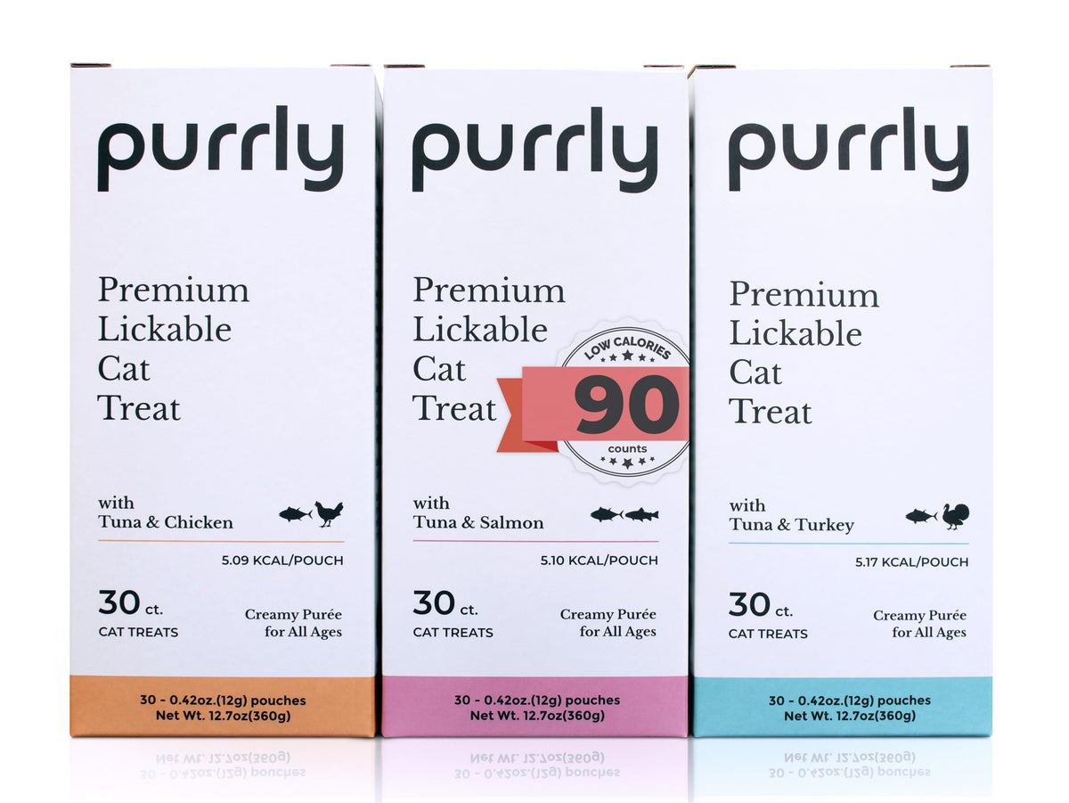 Purrly Healthy Premium Tuna Variety Bundle packaging shows premium protein snack for cats