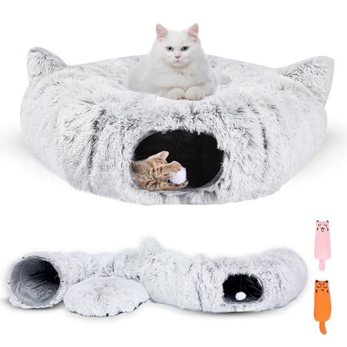 PurrPuff cat tunnel bed cave close-up highlights ultra-plush fabric for cozy naps.