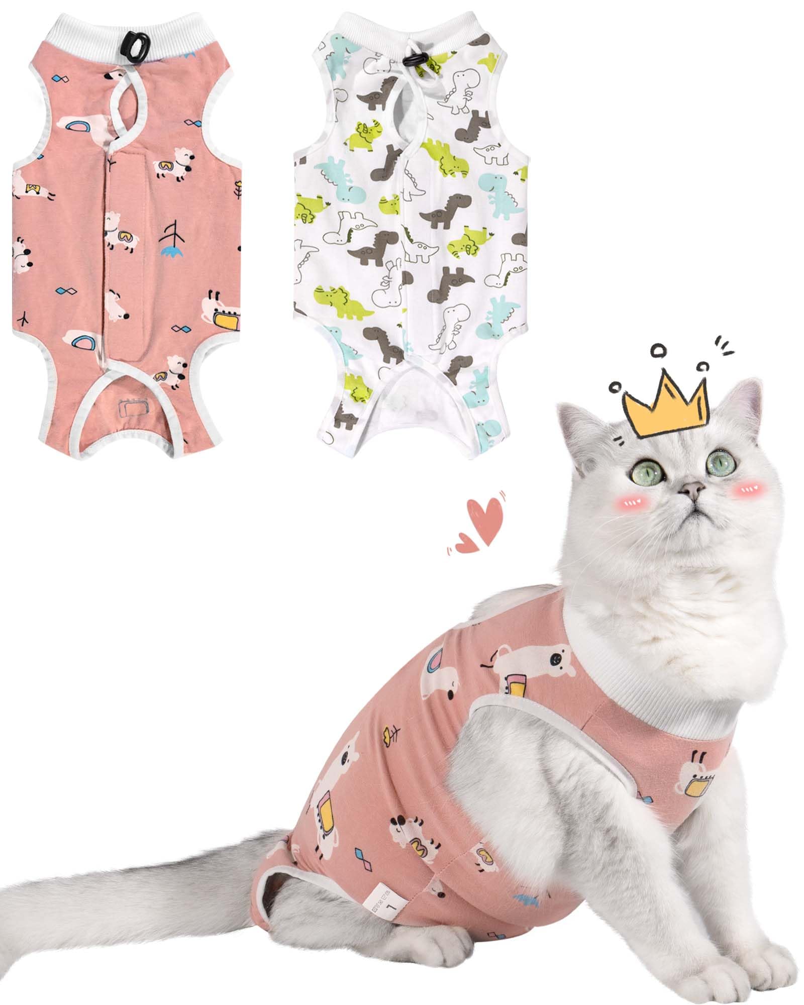 Purrpurrpets spay recovery suit two-pack shows secure fit for post-op healing