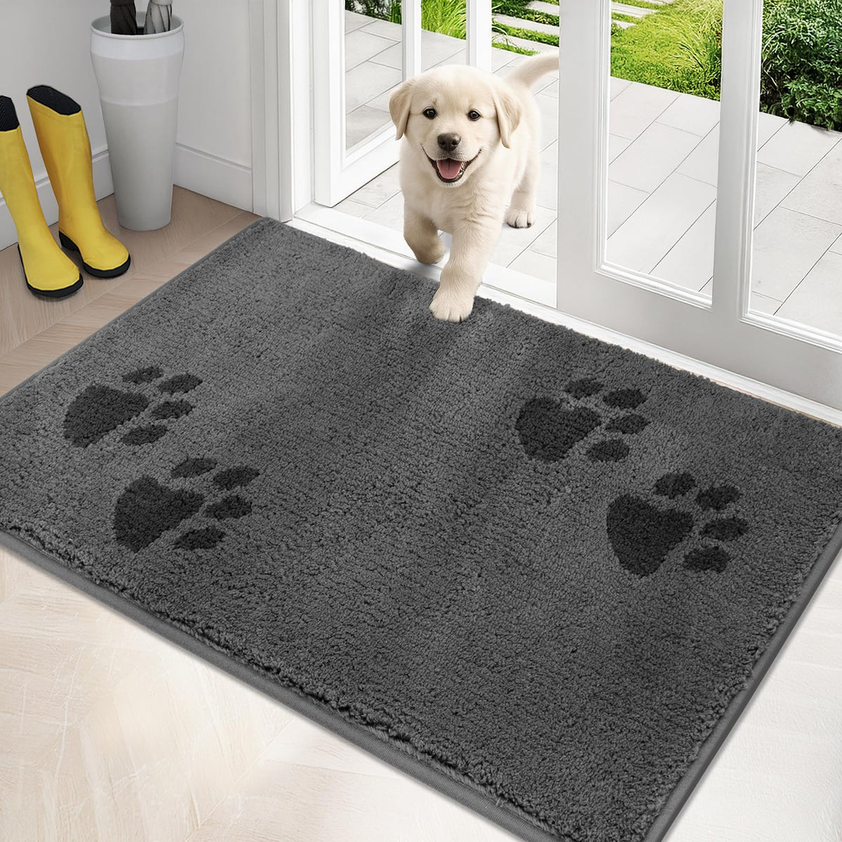 PURRUGS dirt-trapping door mat grey front view showing low-profile design for smooth door passage.