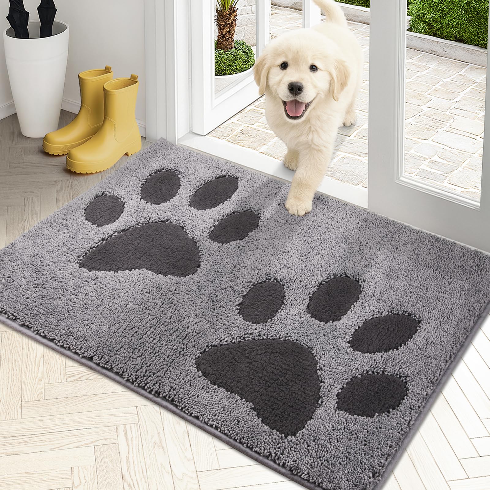Purrugs dirt-trapping door mat at the front door traps dirt for cleaner entry.