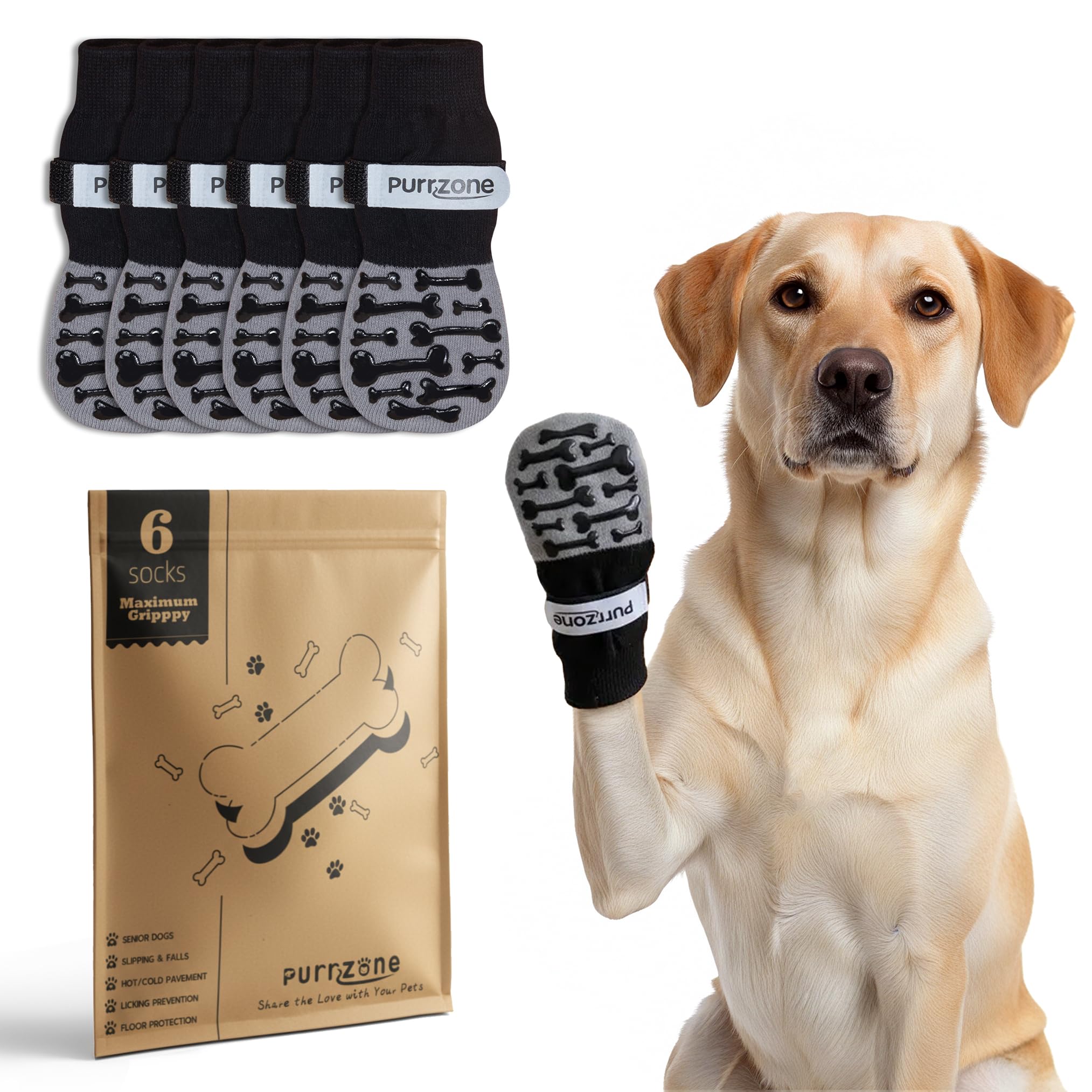 Purrzone bone-pattern socks with silicone grips for secure indoor traction on hardwood floors.