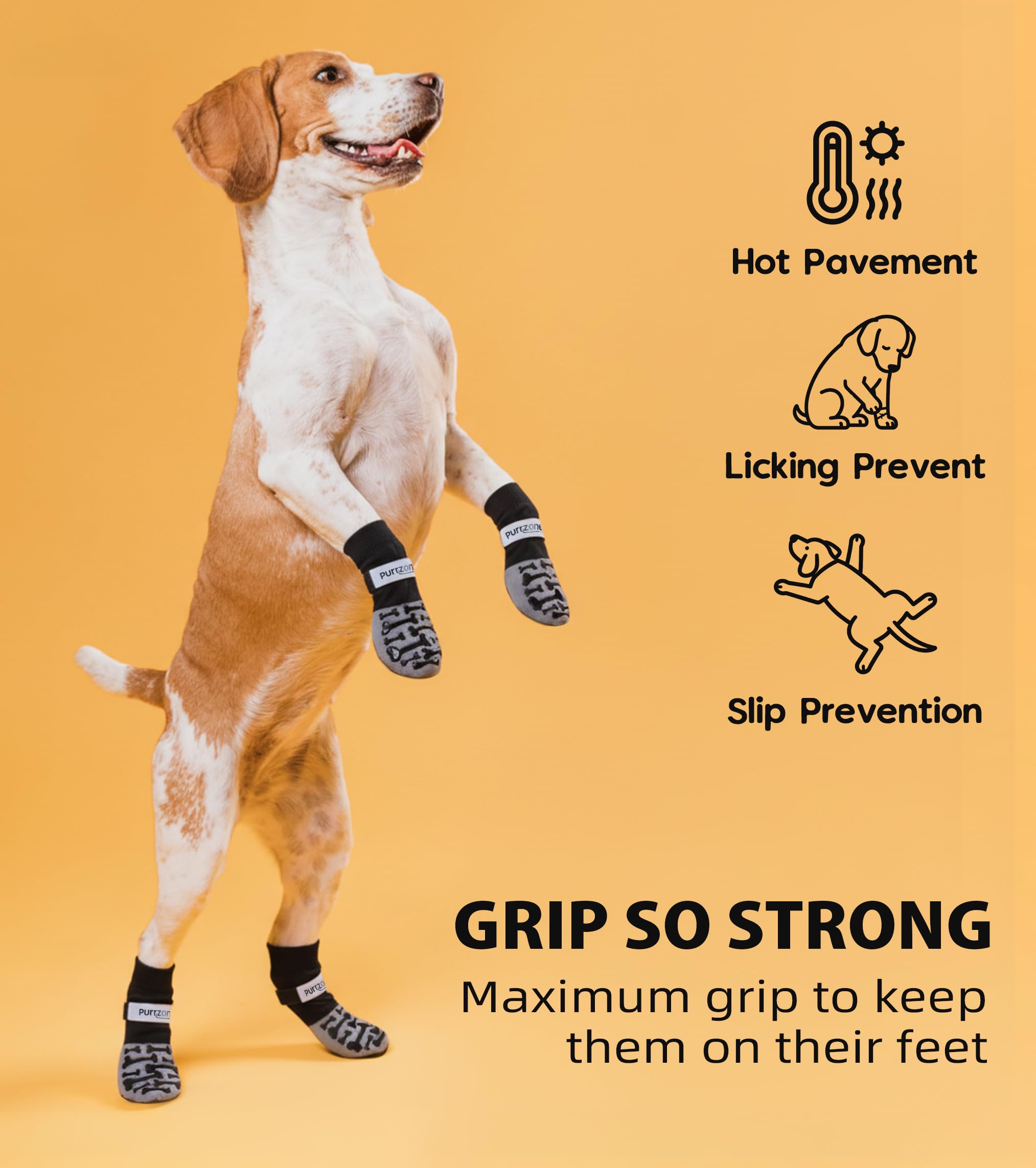 Purrzone non-slip dog socks on a floor demonstrate reliable grip for slippery surfaces.