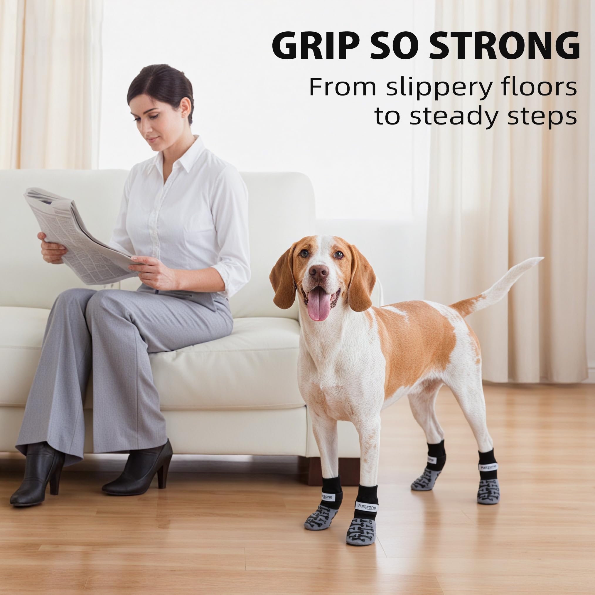 Purrzone socks feature adjustable reflective straps for safer nighttime walks.