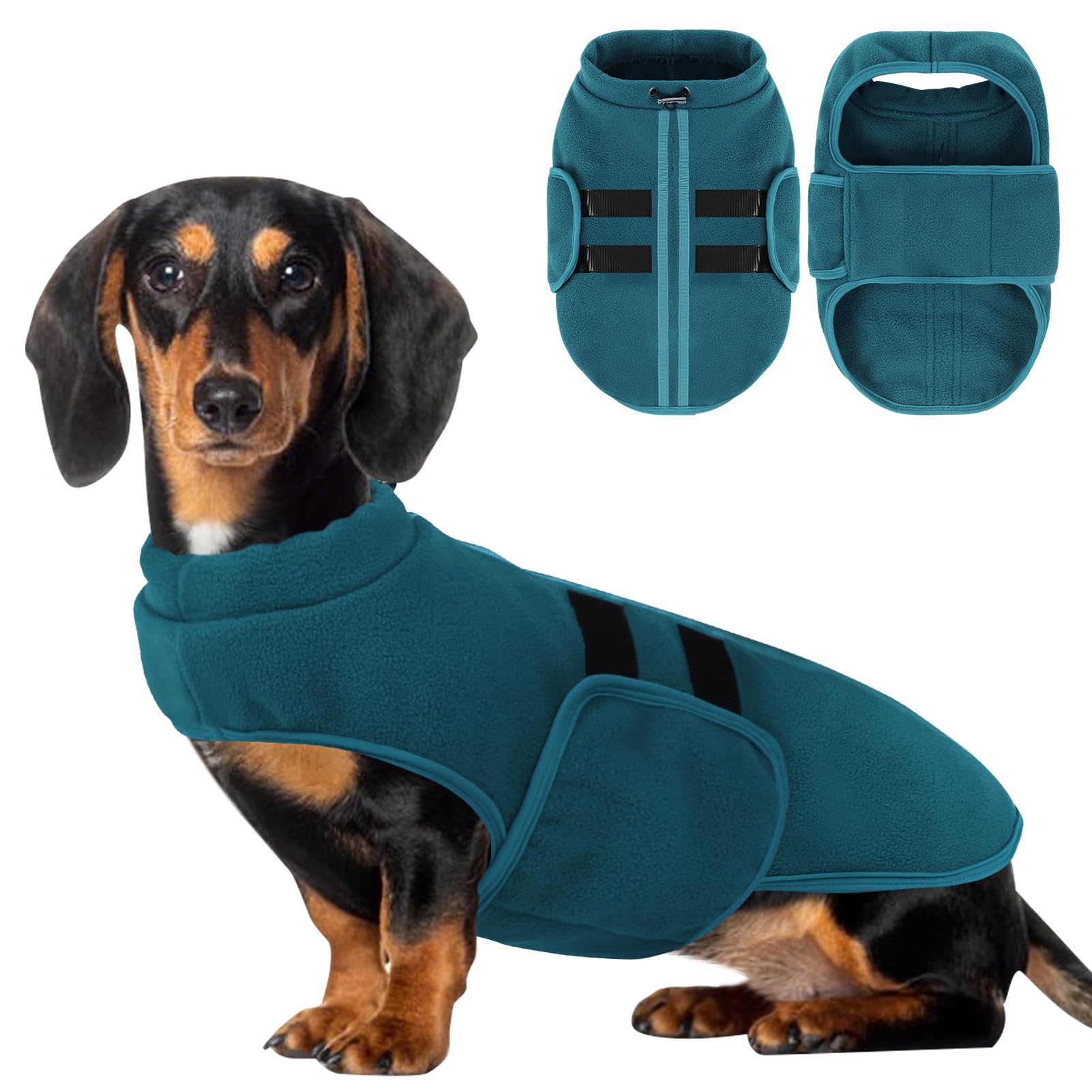 PUZAUKAL dog sweater Peacock Blue with adjustable neck and belly for a custom, comfortable fit.