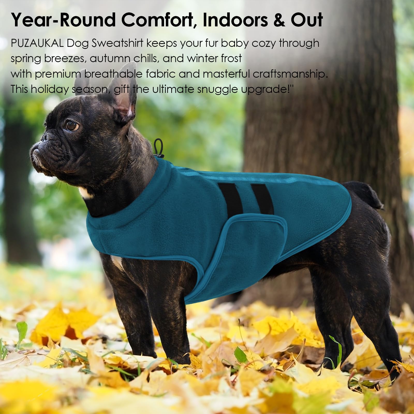 PUZAUKAL dog sweater size range graphic indicates fits from small to large breeds.