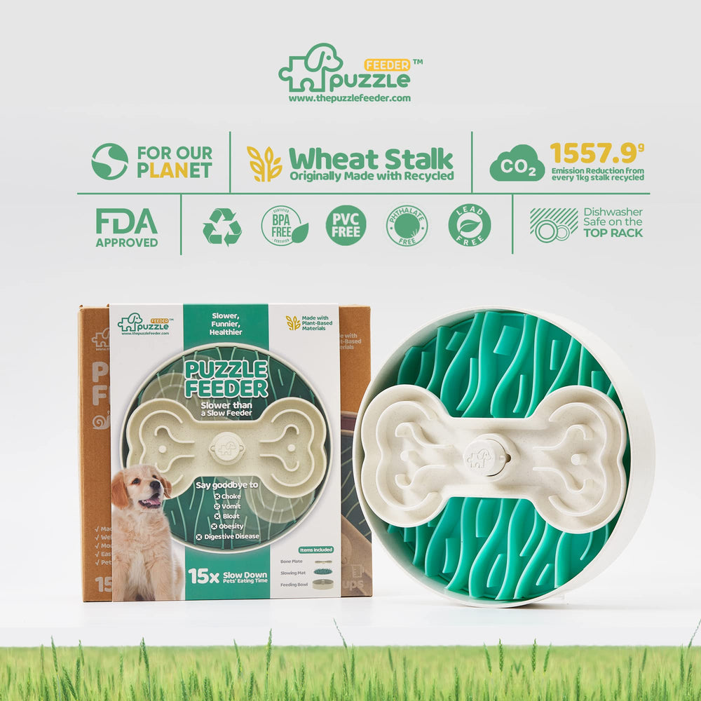 Puzzle Feeder all-breeds dog bowl adapts to sizes.