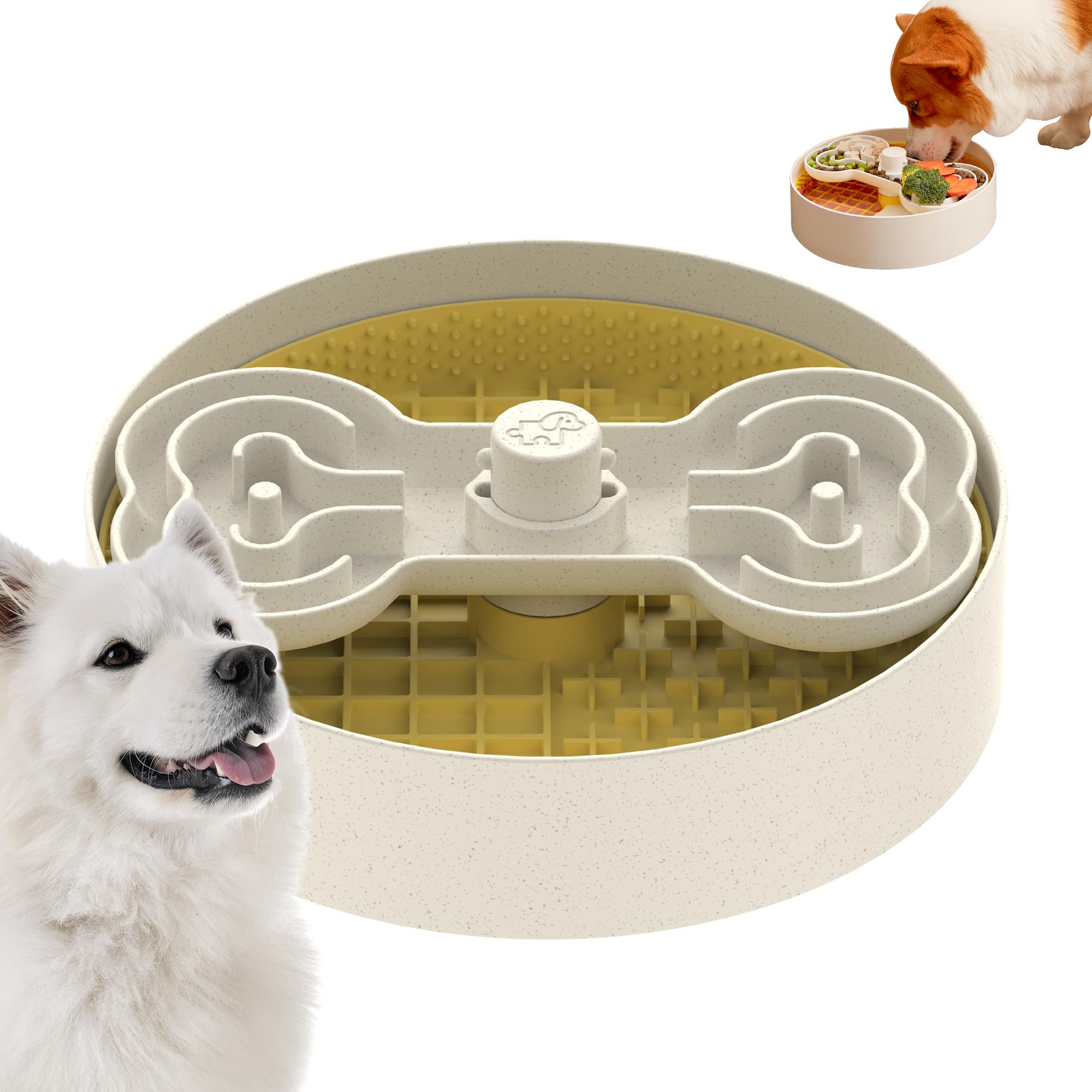 Puzzle Feeder slow-feeder-dog-bowl-yellow promotes paced eating with a sturdy base.