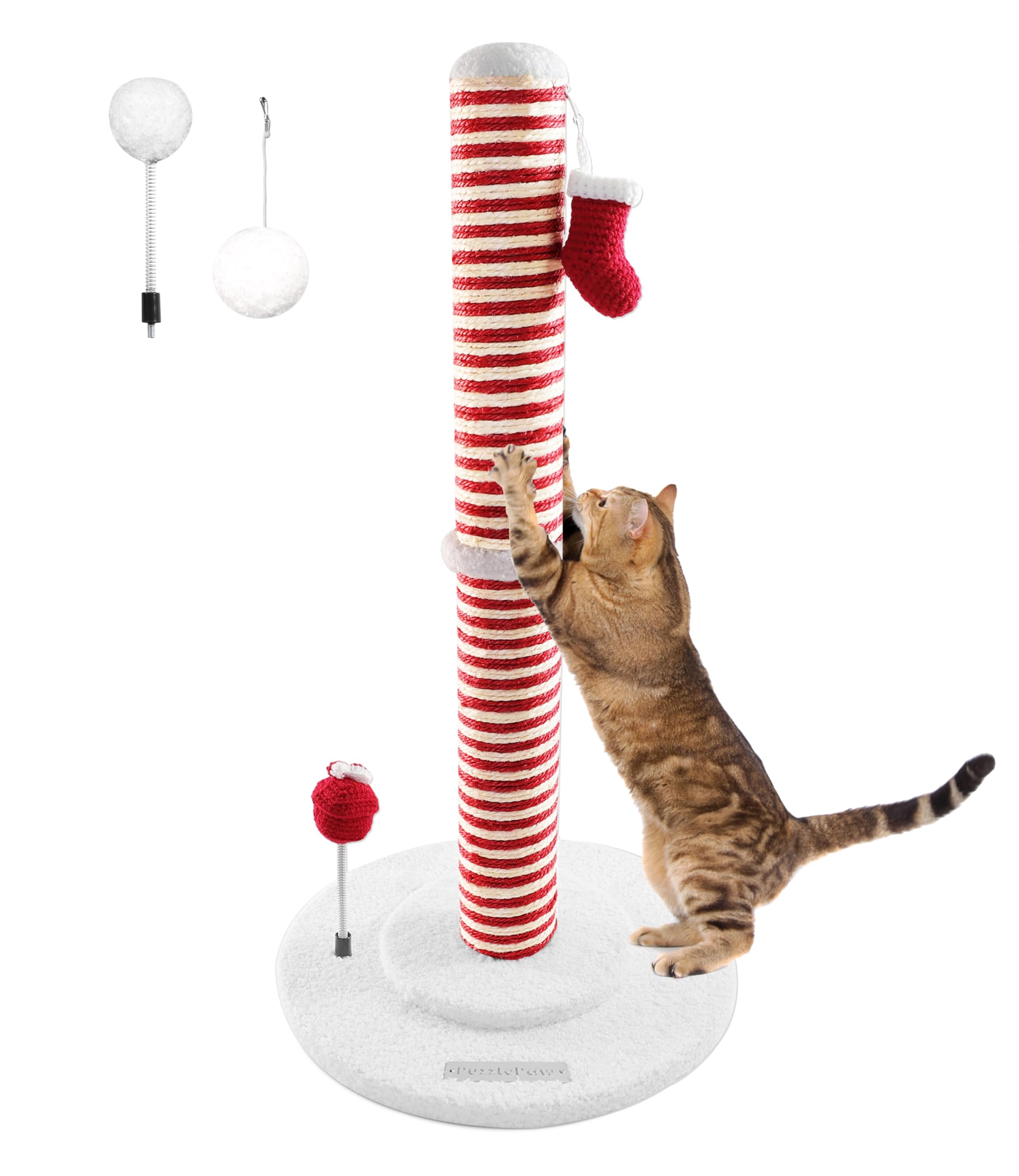 PuzzlePaw Christmas cat scratching post top view showing sturdy base for safe play