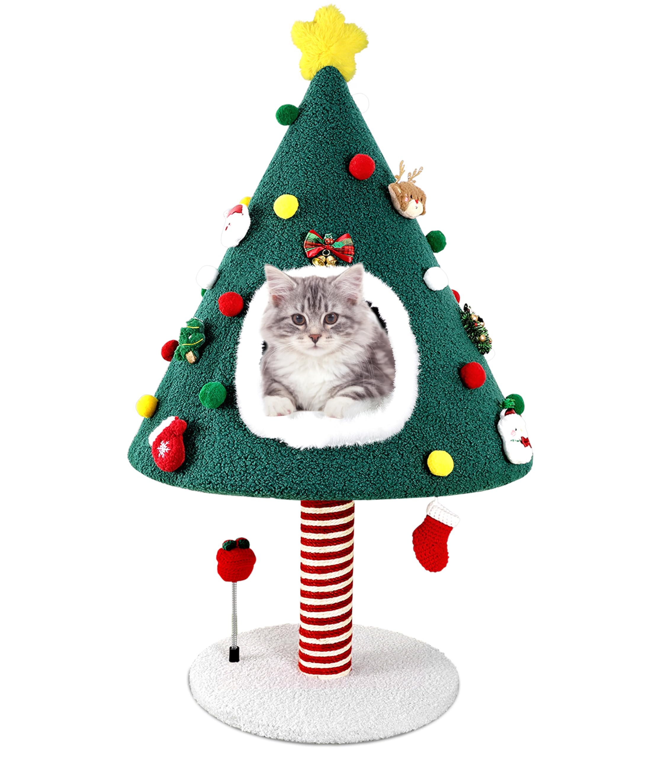PuzzlePaw Christmas cat tree front view for festive playtime and cozy nesting