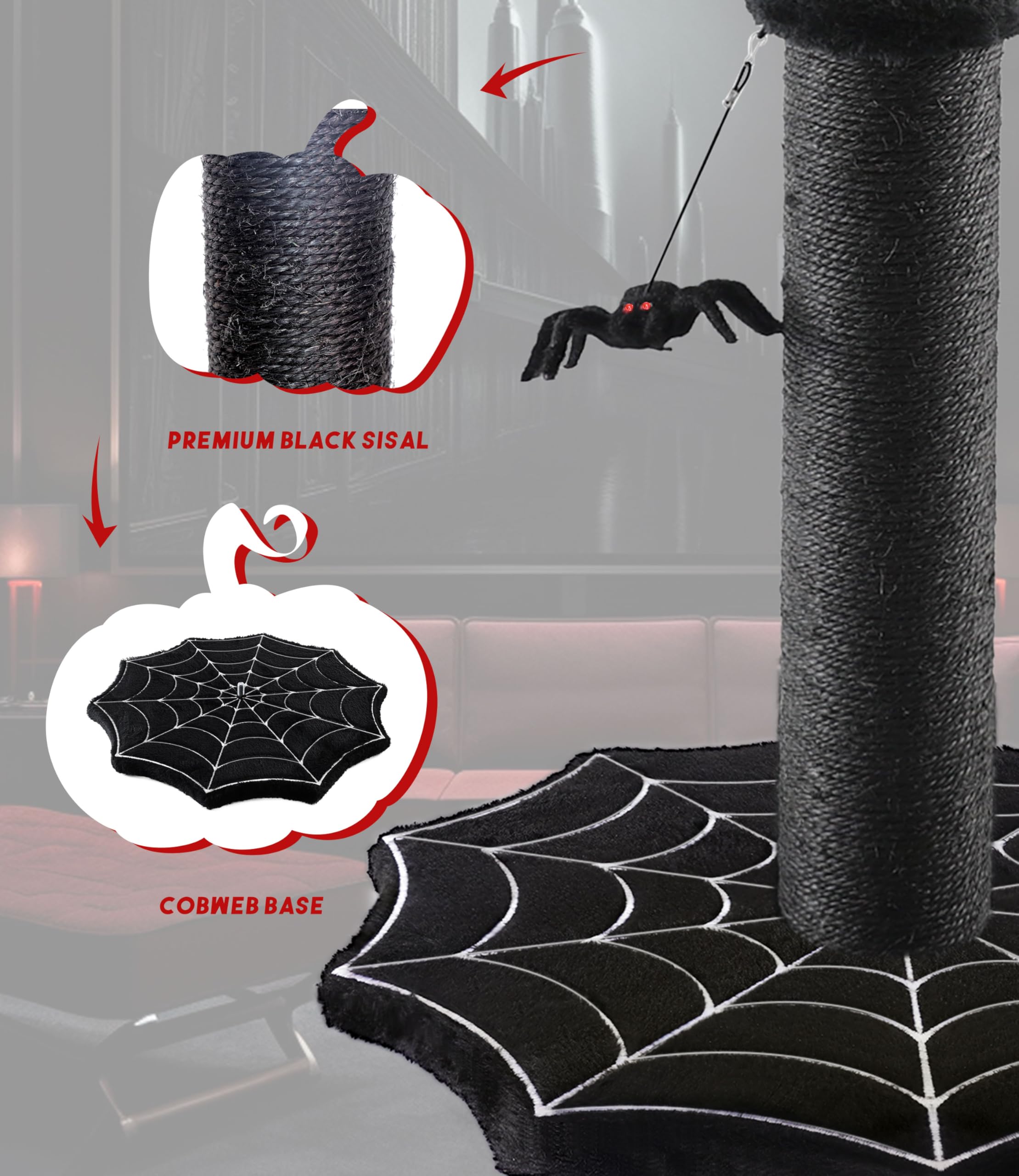 PuzzlePaw dangling spider toys on scratching post, encouraging interactive play for indoor cats.