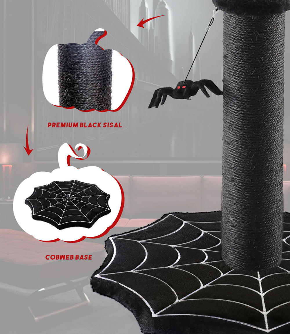 PuzzlePaw dangling spider toys on scratching post, encouraging interactive play for indoor cats.