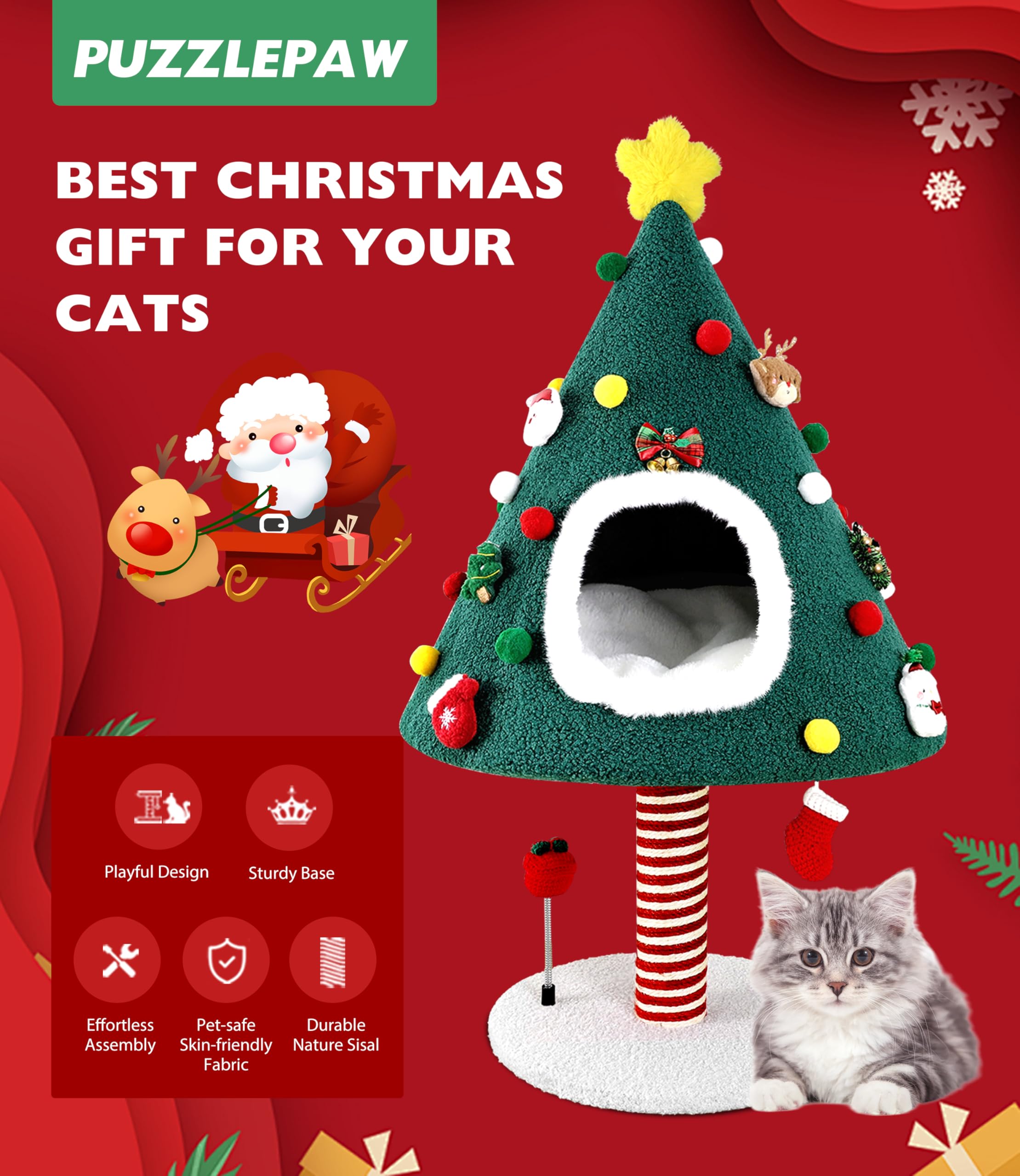 PuzzlePaw Santa sock toy playtime on cat tree