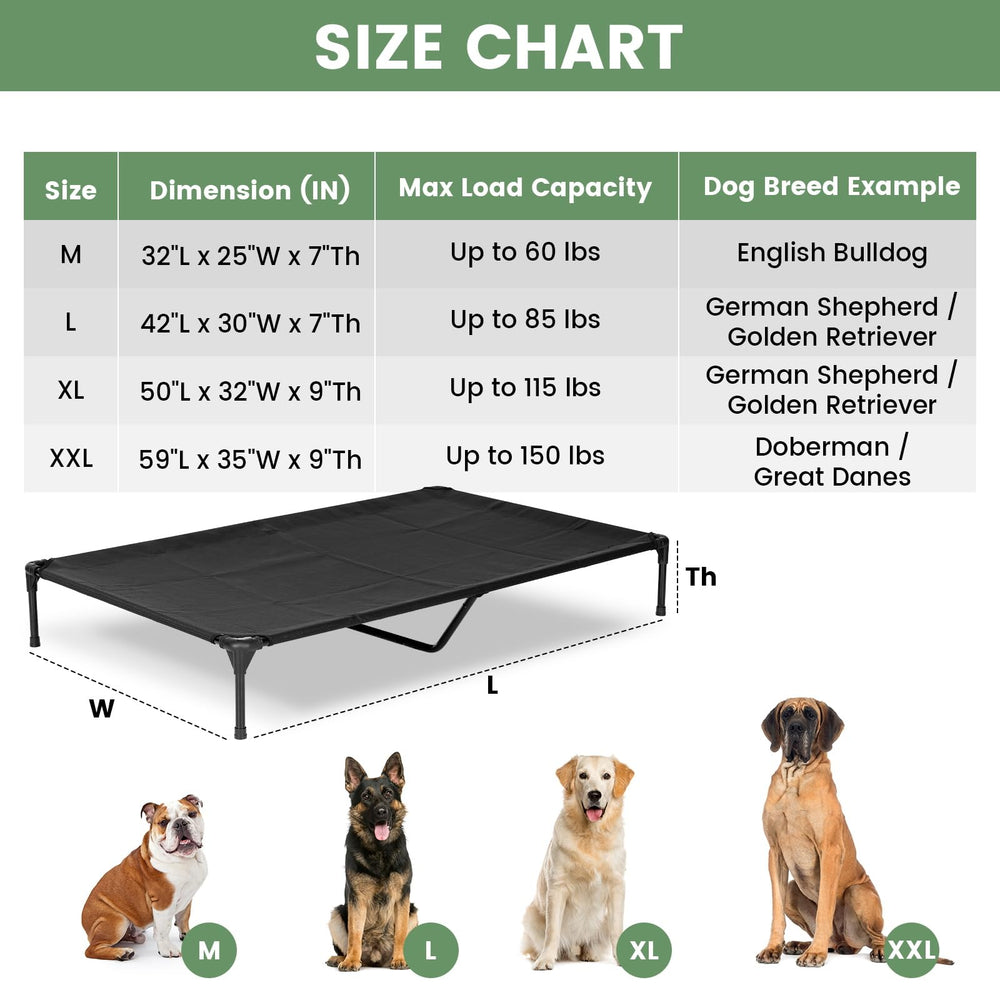 PVY Elevated Dog Bed mesh provides airflow for cooling comfort outside.
