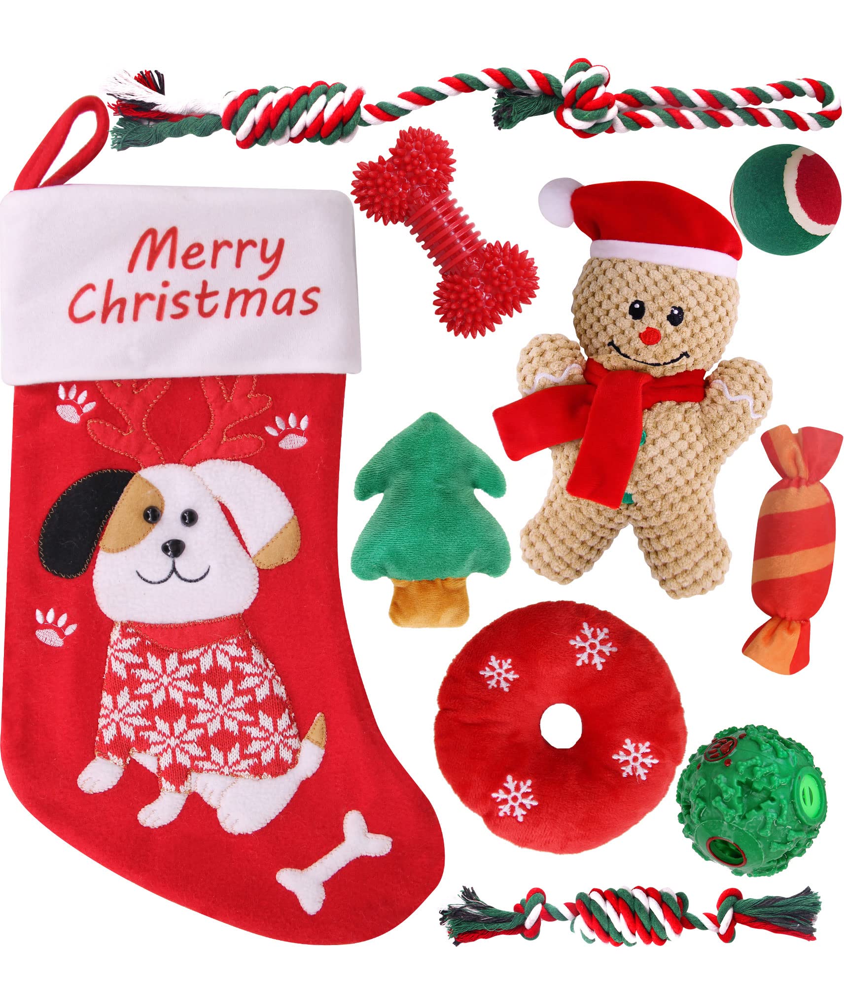Pweituoet Christmas dog toys 9-pack for varied play and a festive stocking stuffer.