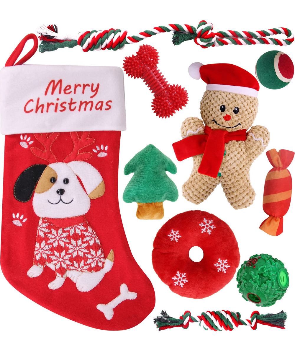 Pweituoet Christmas dog toys 9-pack for varied play and a festive stocking stuffer.