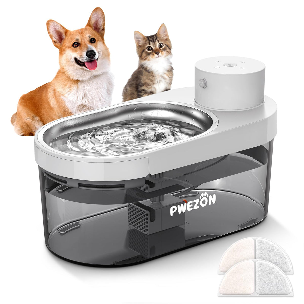 PWEZON Cormix water fountain top view showing 4L capacity and stainless design.