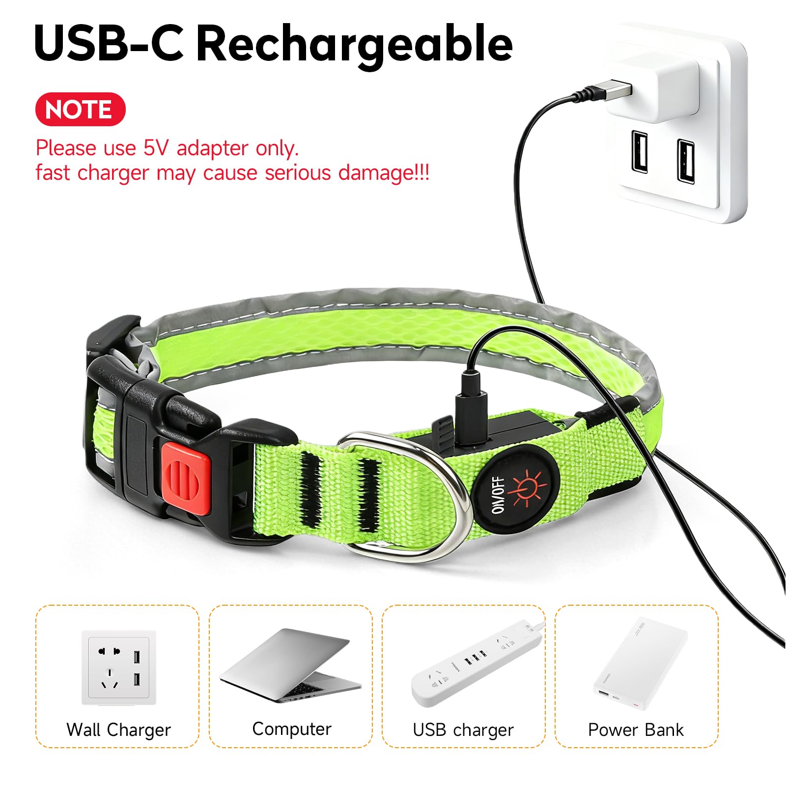PWOD LED dog collar adjustable length for medium to large dogs
