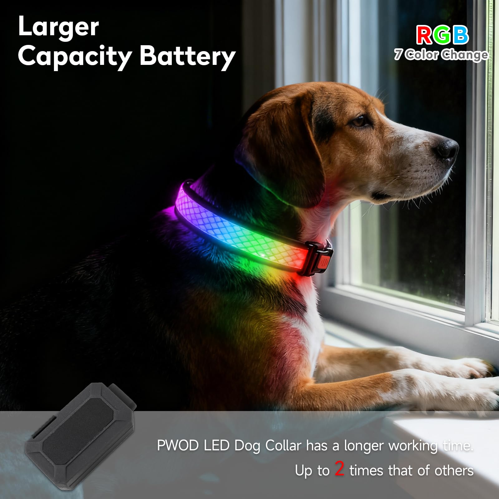 PWOD LED dog collar displaying RGB colors for style and signaling