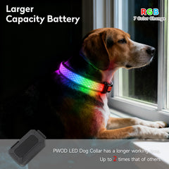 PWOD LED dog collar displaying RGB colors for style and signaling