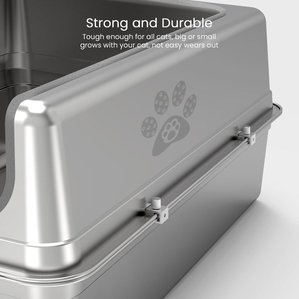 PWTAA durable stainless-steel cat litter box resists scratches and rust.