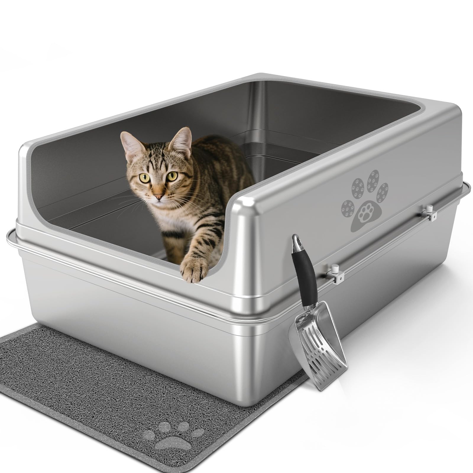 PWTAA enclosed stainless-steel litter box with lid shows privacy and easy cleaning.