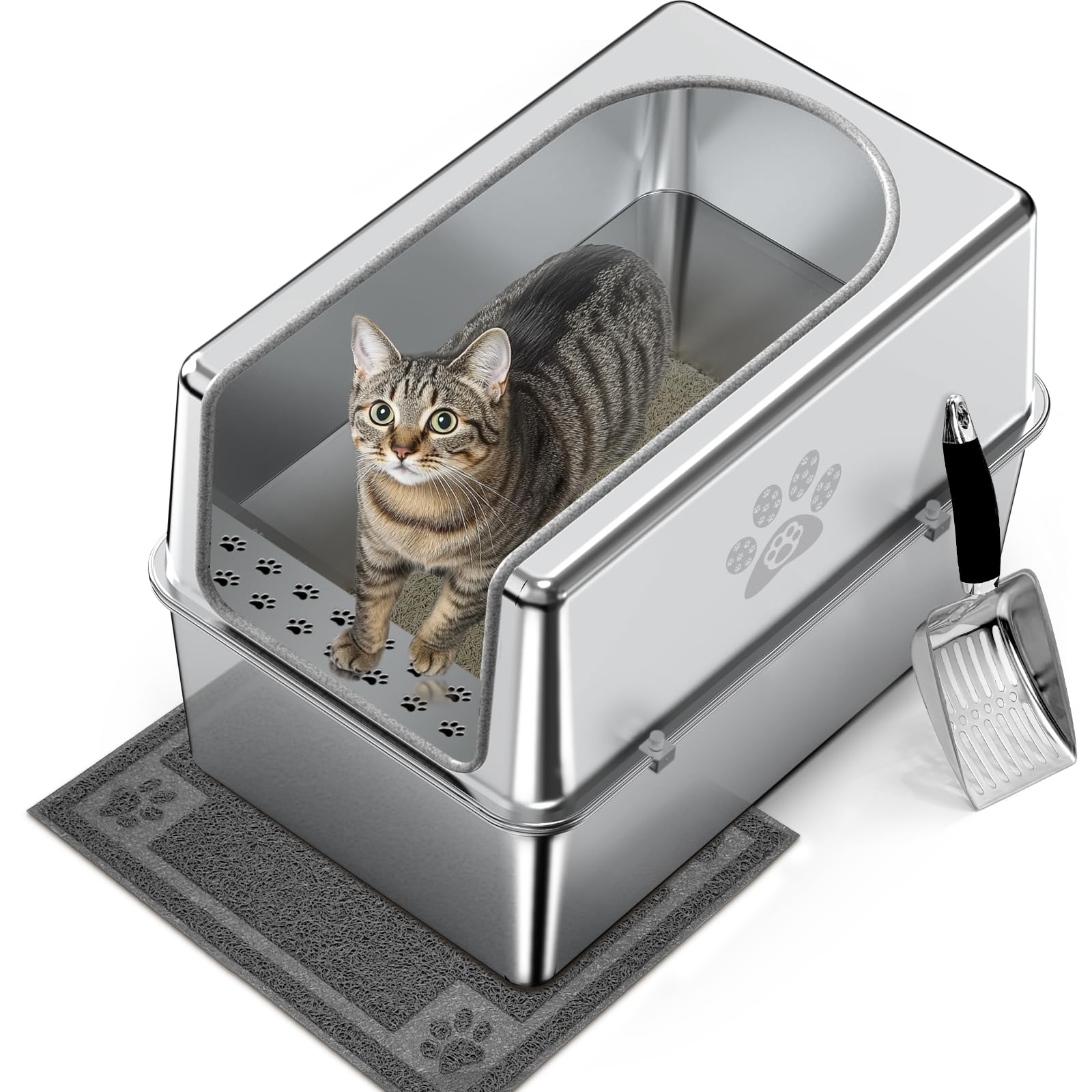 PWTAA enclosed stainless steel cat litter box with lid provides roomy space for large cats.