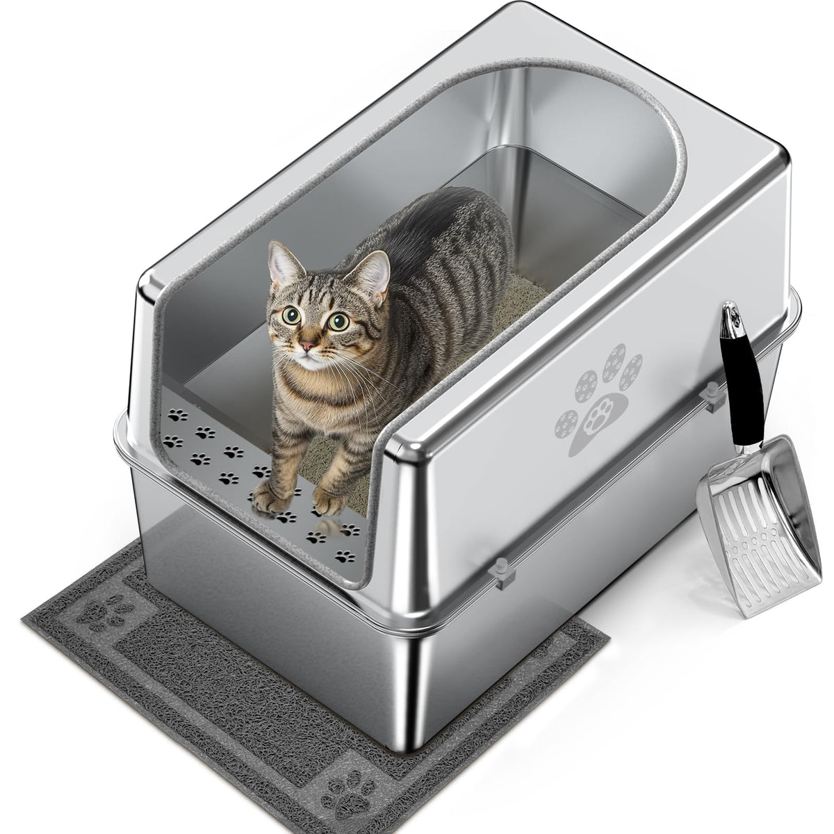 PWTAA enclosed stainless steel cat litter box with lid provides roomy space for large cats.