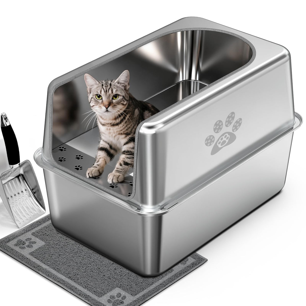 PWTAA enclosed XL steel litter box with lid on provides private toileting for large cats.