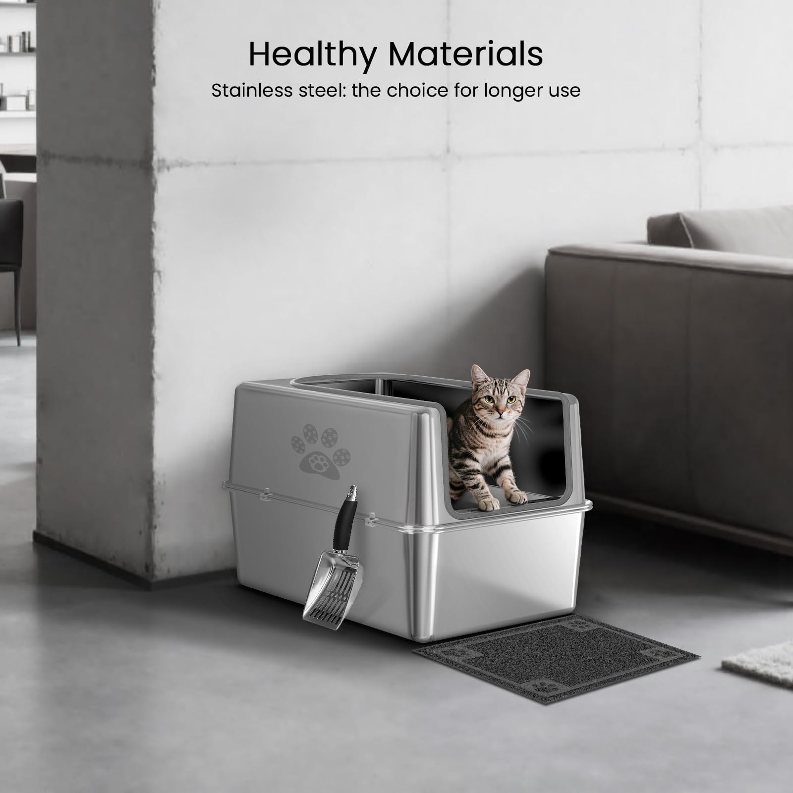PWTAA metal high-side litter box design helps contain litter and protect privacy.