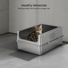 PWTAA metal high-side leakproof litter box highlights splash protection.