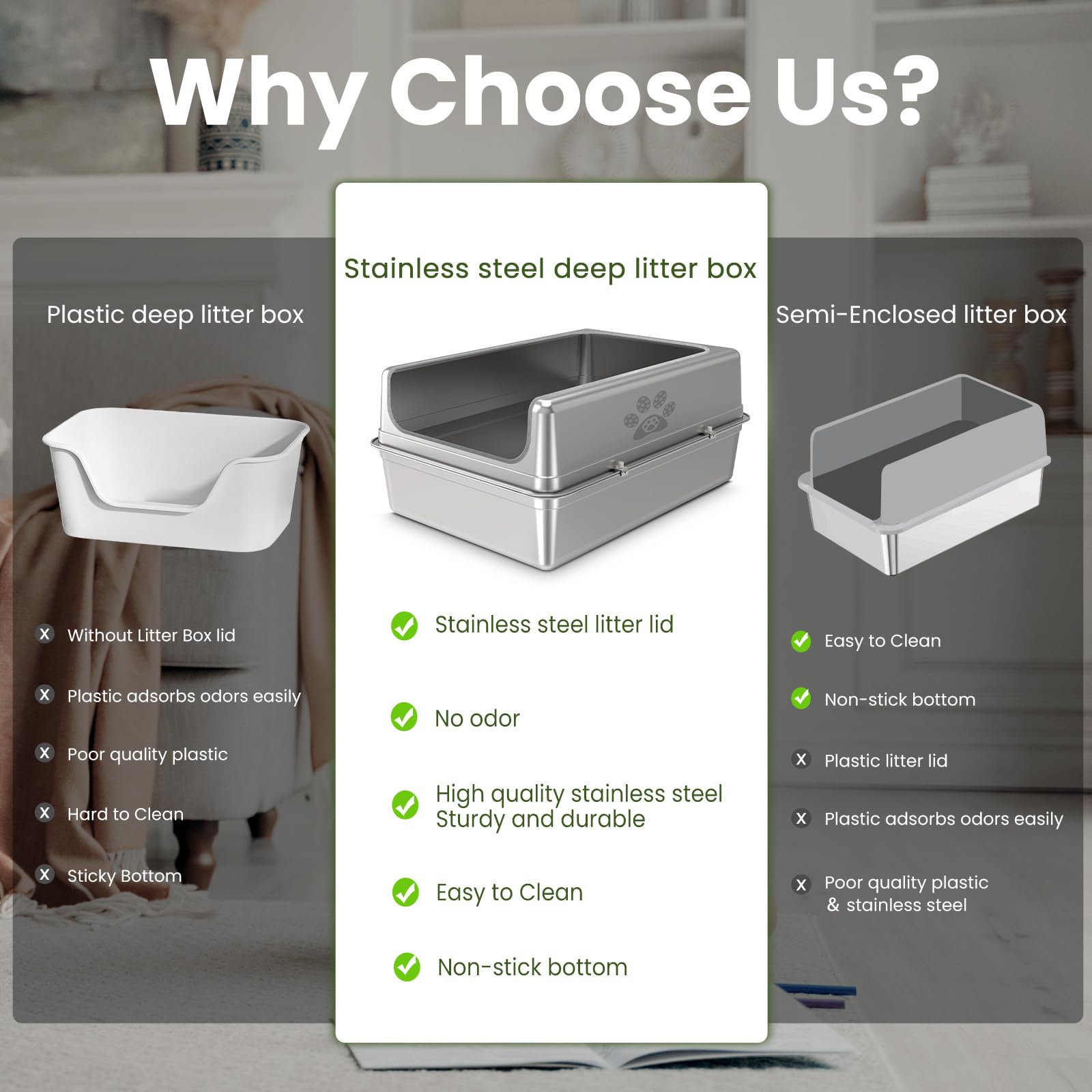 PWTAA open-top stainless-steel litter box provides easy cat access.