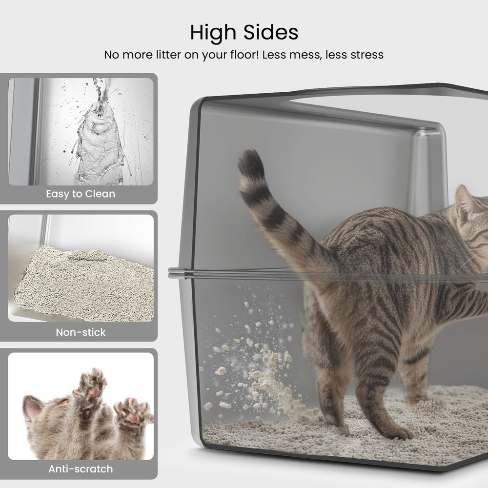 PWTAA enclosed litter box with pedal helps filter litter from paws, reducing tracking.