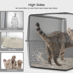 PWTAA enclosed litter box with pedal helps filter litter from paws, reducing tracking.