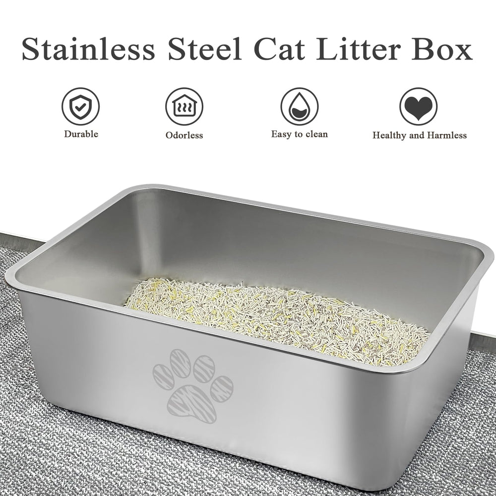 PWTAA stainless steel litter box side view highlighting durable construction