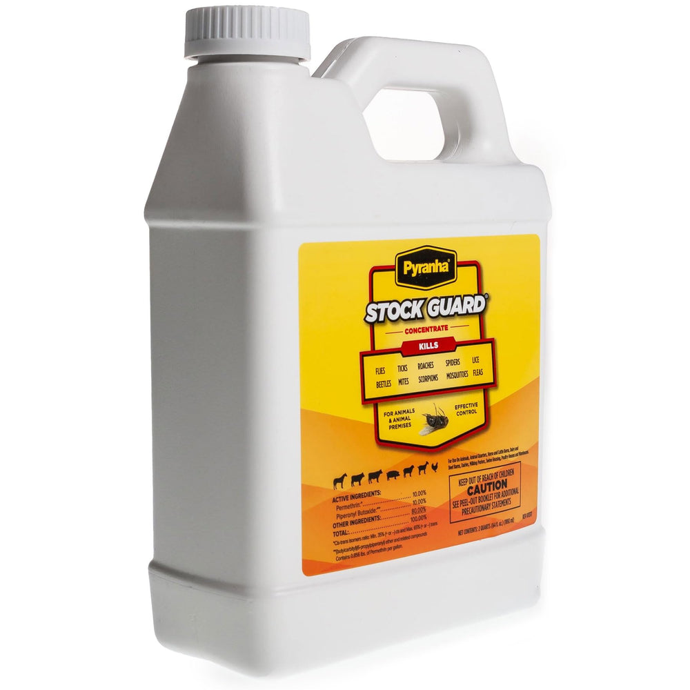 Pyranha Stock Guard Concentrate used in barn setting for comprehensive pest control around animals.