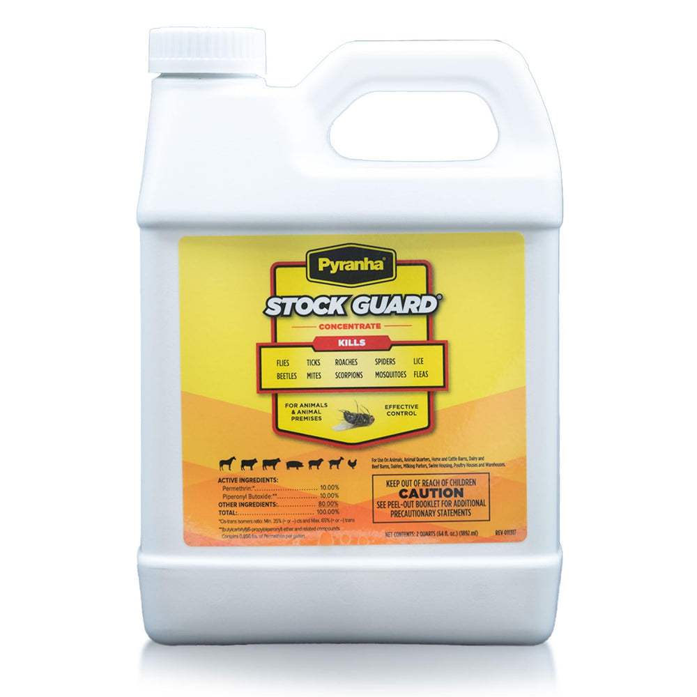 Pyranha Stock Guard Concentrate bottle 64oz ready for outdoor fly deterrence in barns.