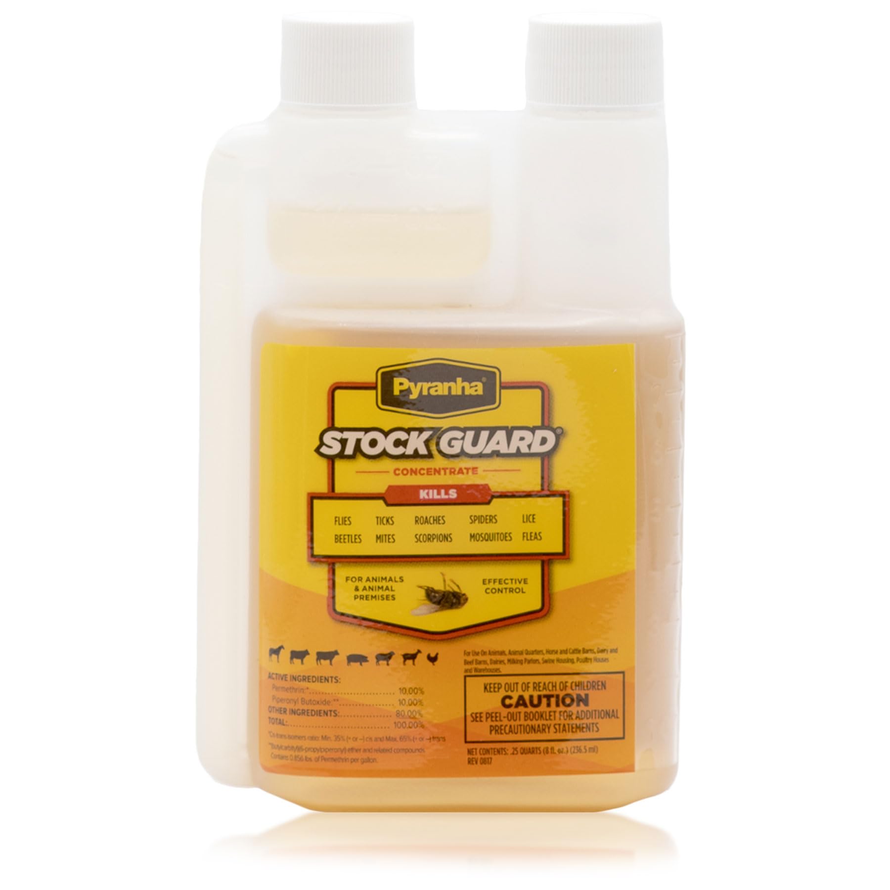 PYRANHA Stock Guard Concentrate bottle pour for flexible pest control in barns.