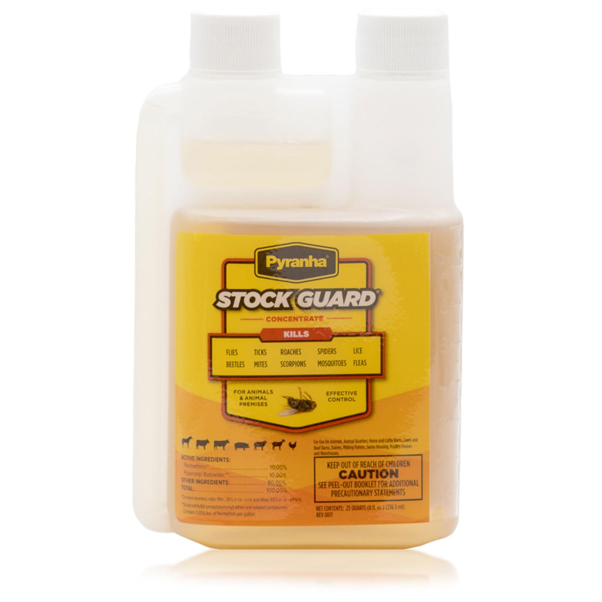 PYRANHA Stock Guard Concentrate bottle pour for flexible pest control in barns.