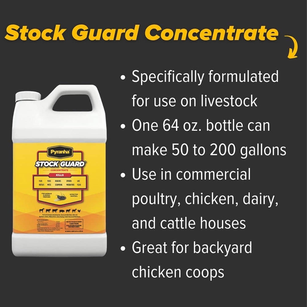 Pyranha Stock Guard spray in barn workflow demonstrates application for fly control.