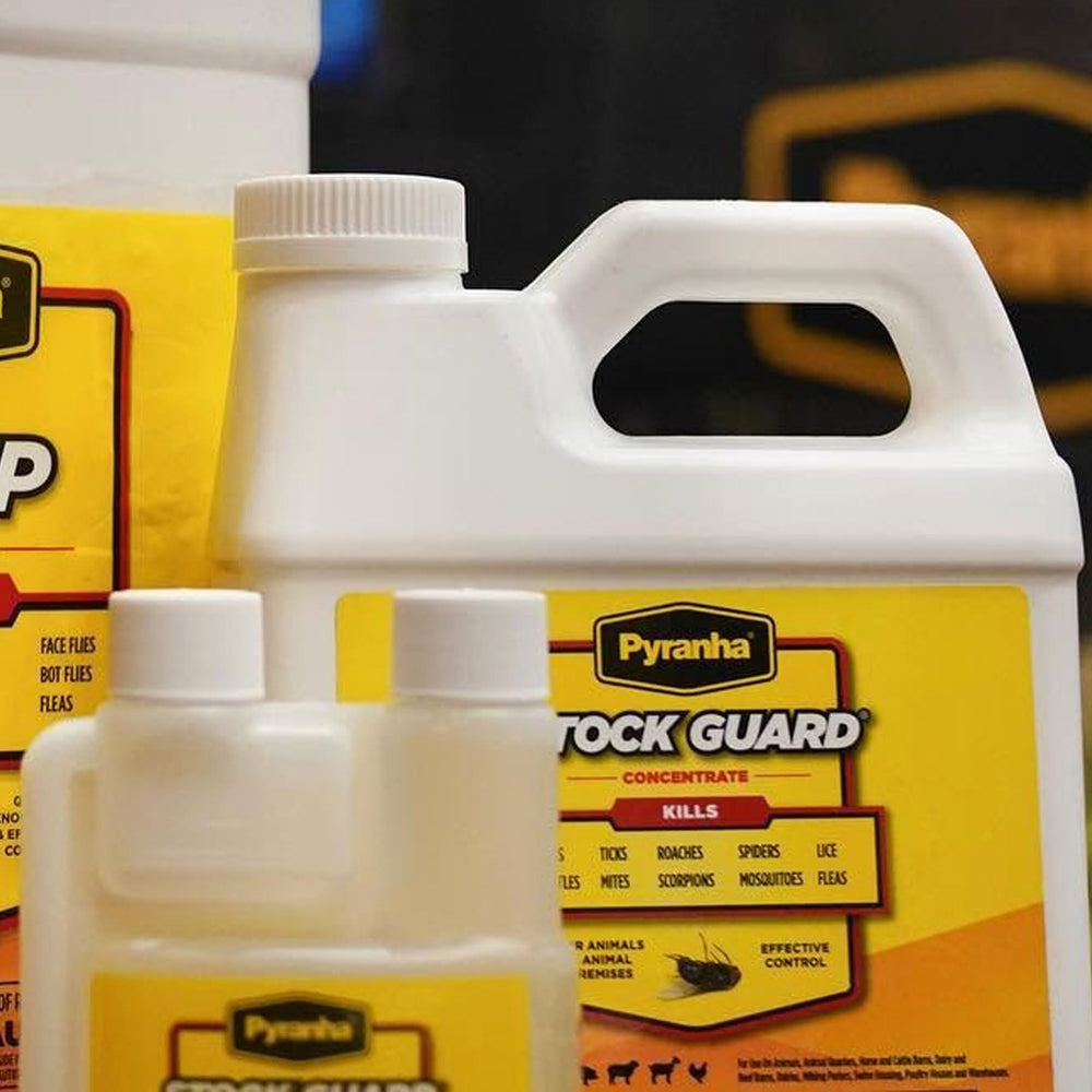 Pyranha Stock Guard Concentrate for livestock housing helps reduce pests like gnats and mites.