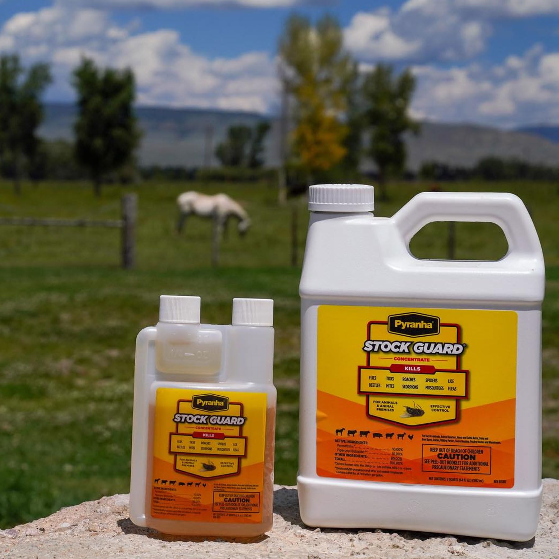 Pyranha Stock Guard concentrate in grooming kit for horses and livestock.