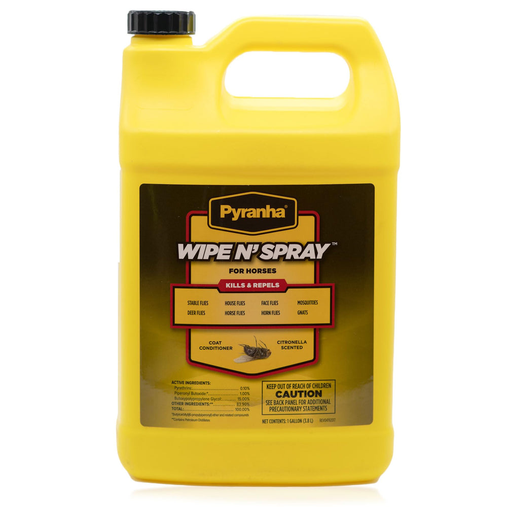 Pyranha Wipe N' Spray bottle closeup showing long lasting protection.