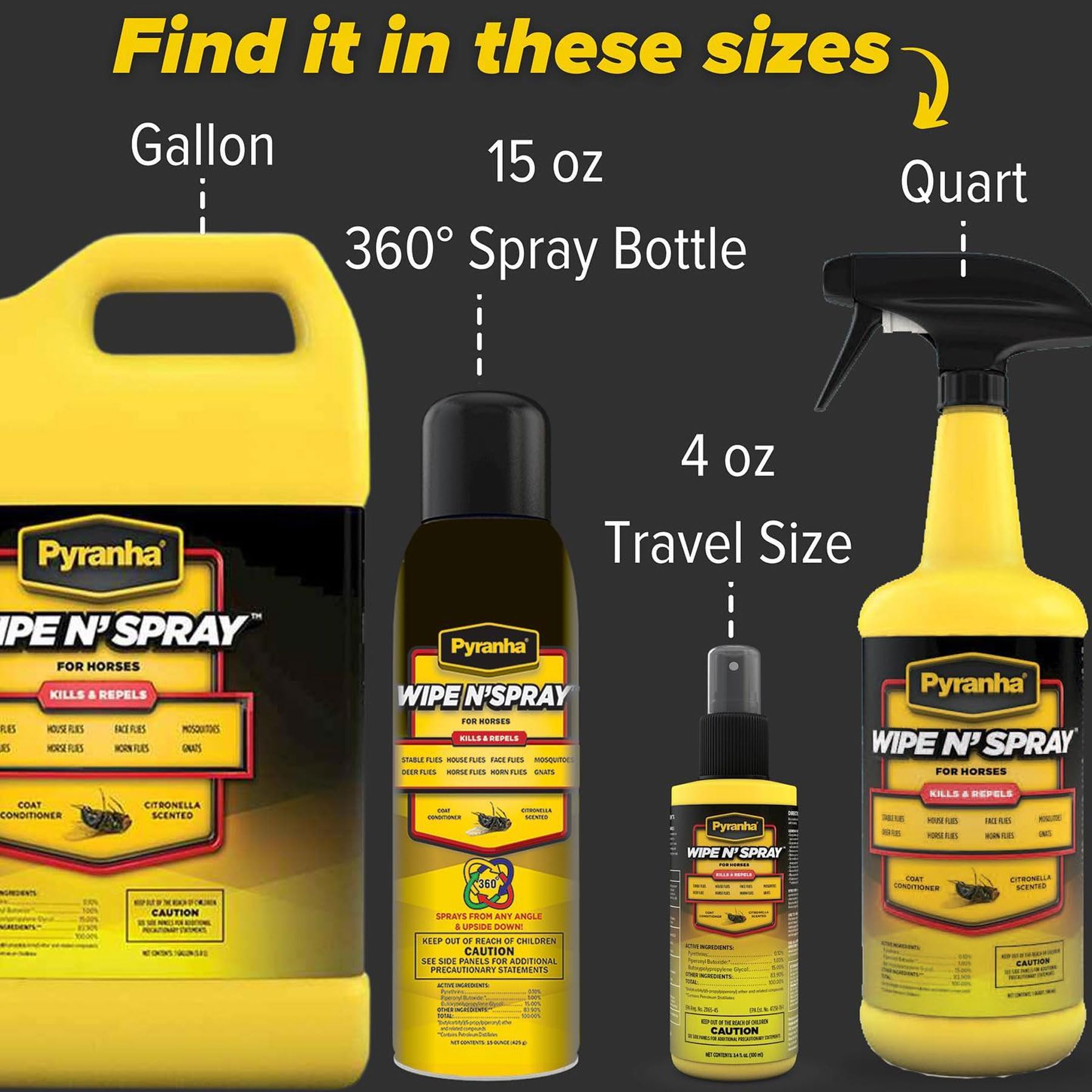 Pyranha Wipe N' Spray provides broad pest control for riding.