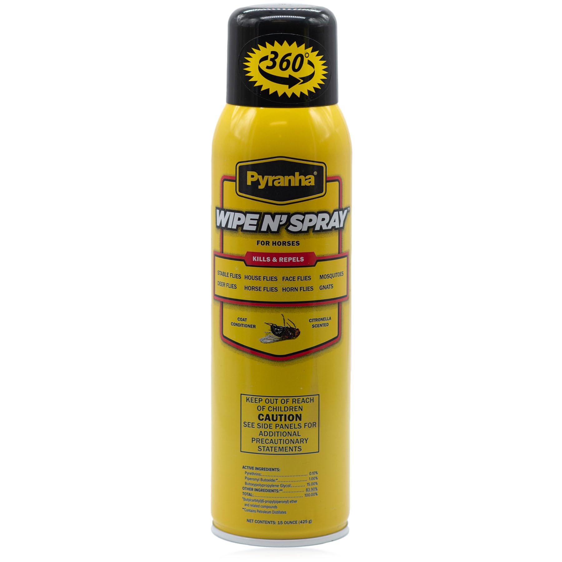 Pyranha Wipe N' Spray horse bottle showing long-lasting fly protection.