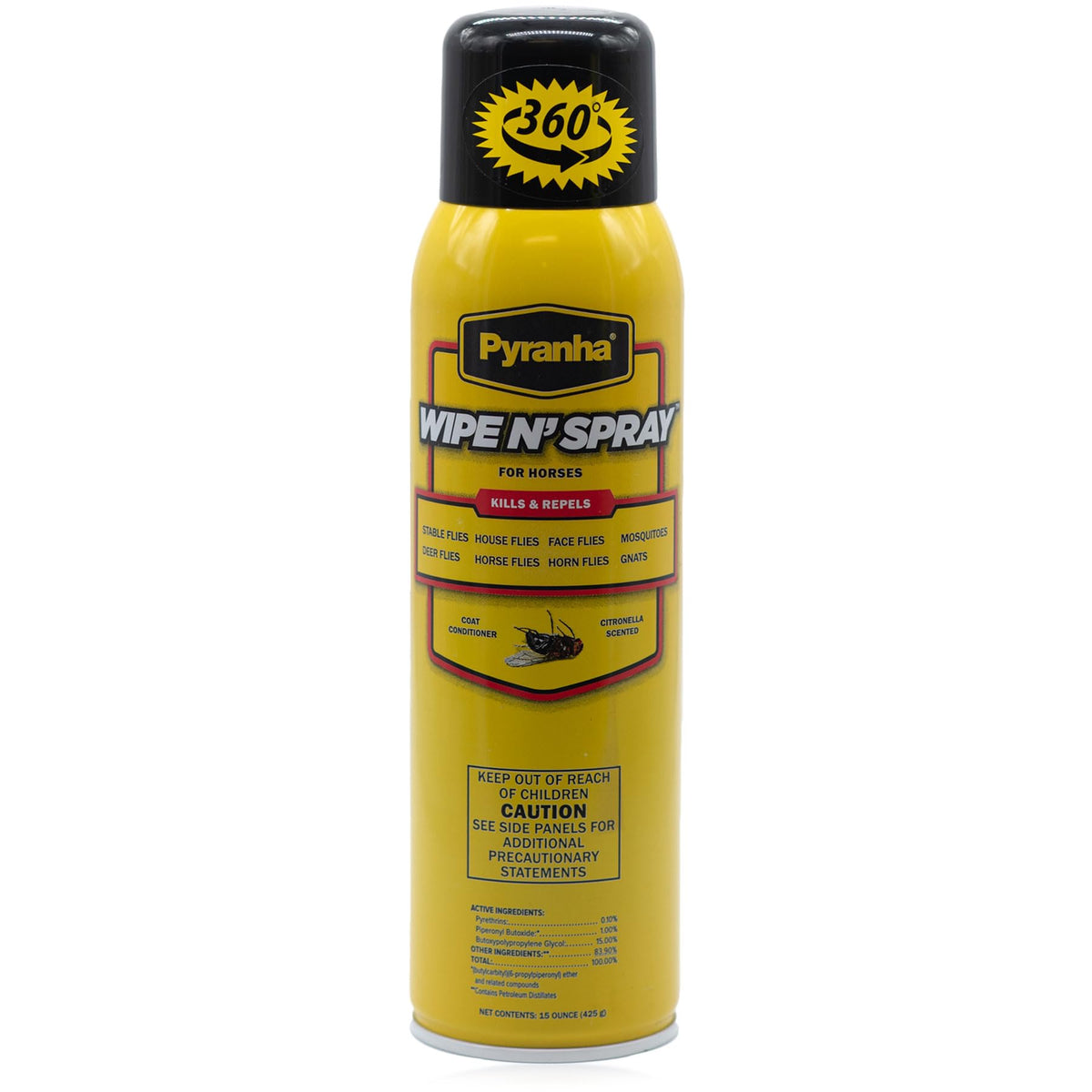 Pyranha Wipe N' Spray horse bottle showing long-lasting fly protection.